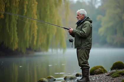Pêcheur adulte en veste imperméable tenant une canne à pêche au bord d'une rivière verdoyante, illustrant la pratique de la pêche avec carte de pêche 2026