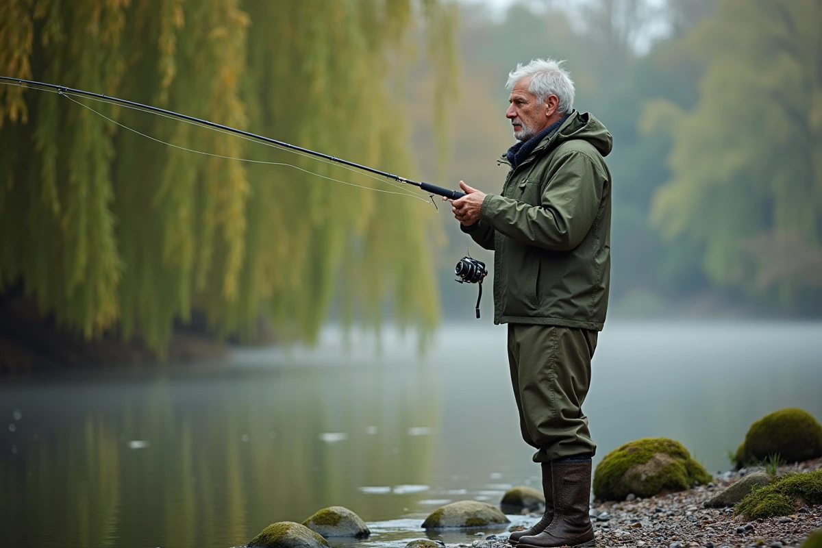 Pêcheur adulte en veste imperméable tenant une canne à pêche au bord d'une rivière verdoyante, illustrant la pratique de la pêche avec carte de pêche 2026