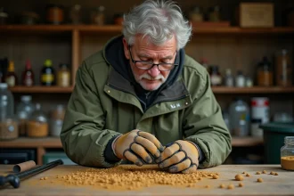 Pêcheur expérimenté roulant une bouillette carpe maison dans un atelier de pêche artisanal