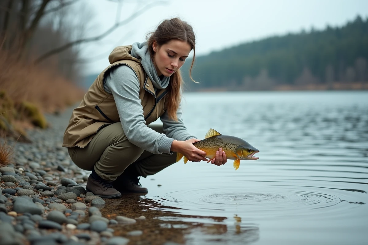 Femme pêcheuse relâchant un poisson au bord d'un lac paisible, symbolisant la pêche responsable et réglementée avec une carte de pêche valide en 2026