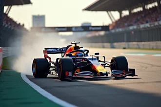 Monoplace de Formule 1 en pleine négociation d'un virage sur circuit, illustrant la hiérarchie et les pénalités en F1 2026