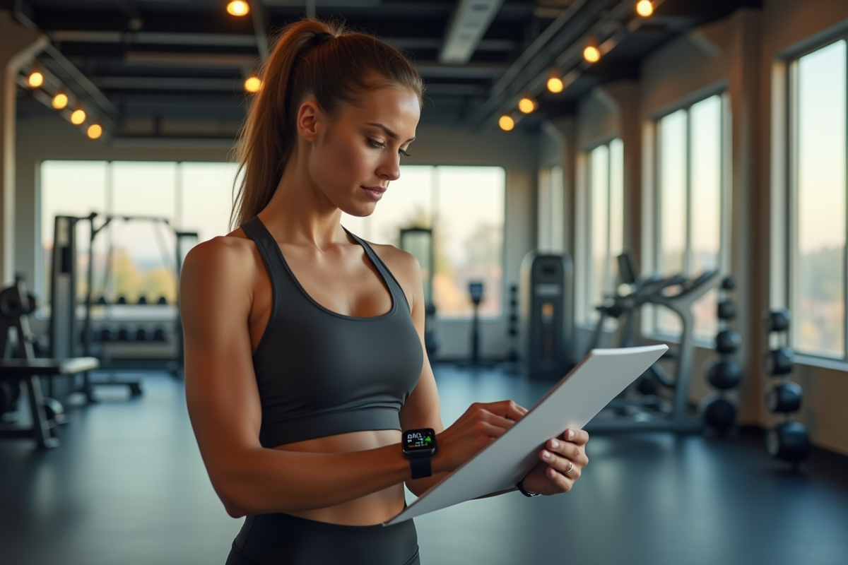 Personne en tenue de sport utilisant un planificateur et montre connectée