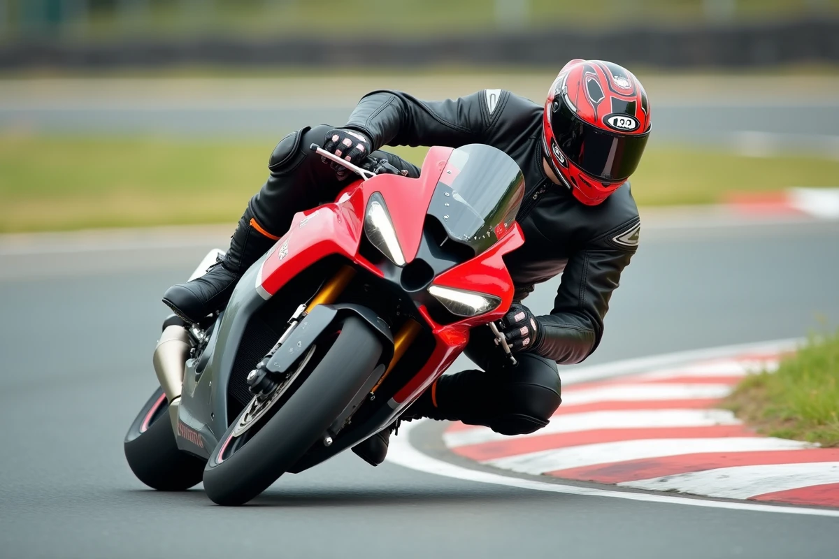 Pilote en combinaison cuir prenant un virage en genou à terre avec l'Aprilia RS 125 2026 sur circuit