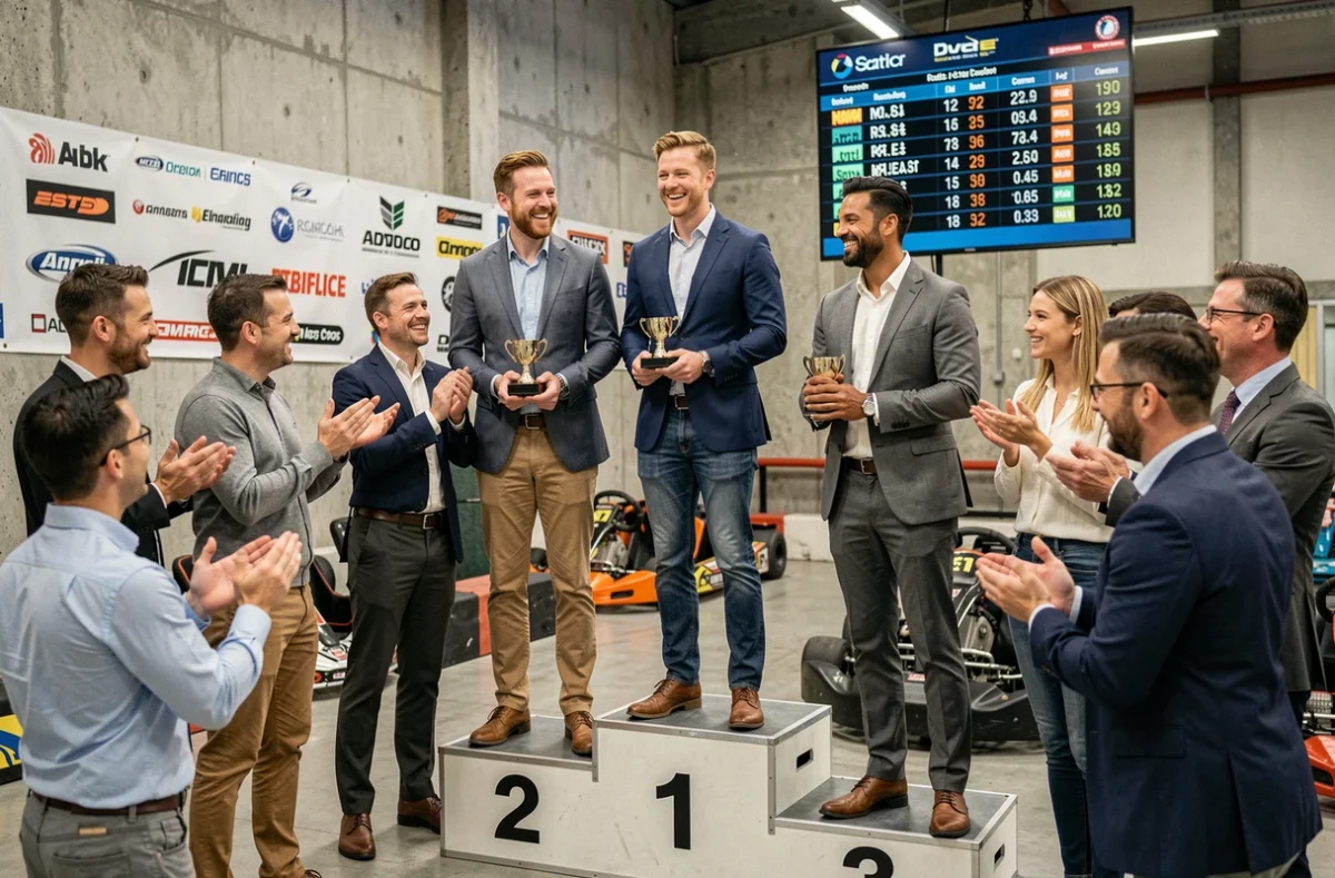 Cérémonie de remise de trophées sur le podium d'un circuit de karting indoor à Niort après une compétition de team building d'entreprise