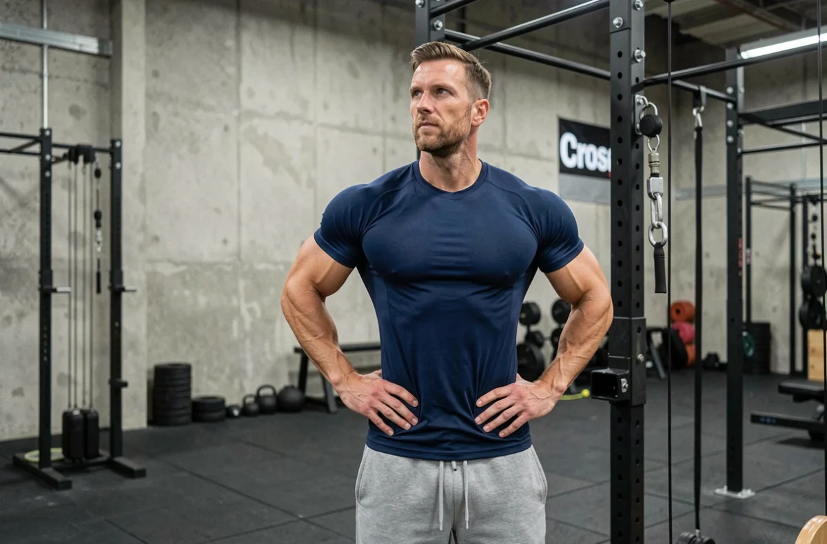 Homme en salle de sport CrossFit montrant une posture dorsale correcte après un entraînement au tirage poulie, épaules rétractées et dos droit