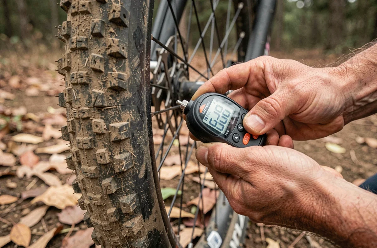 Gros plan sur un manomètre de pression de pneu VTT 26 pouces sur terrain sec avec affichage numérique visible