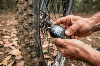 Gros plan sur un manomètre de pression de pneu VTT 26 pouces sur terrain sec avec affichage numérique visible