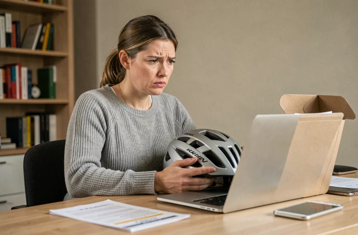 Femme frustrée vérifiant une commande sportive reçue de Deporvillage devant son ordinateur portable