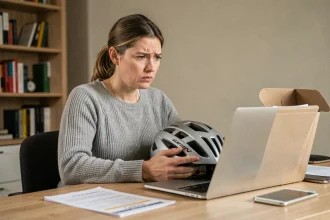 Femme frustrée vérifiant une commande sportive reçue de Deporvillage devant son ordinateur portable