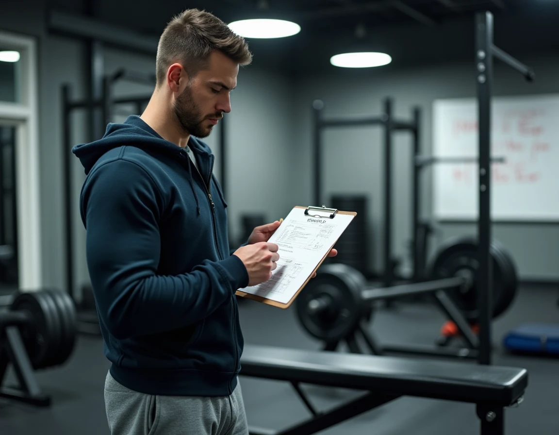 Sportif consultant son programme de prise de masse sur une planche de suivi dans une salle de musculation professionnelle