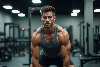 Homme musclé effectuant un squat avec haltère dans une salle de musculation pour un programme prise de masse