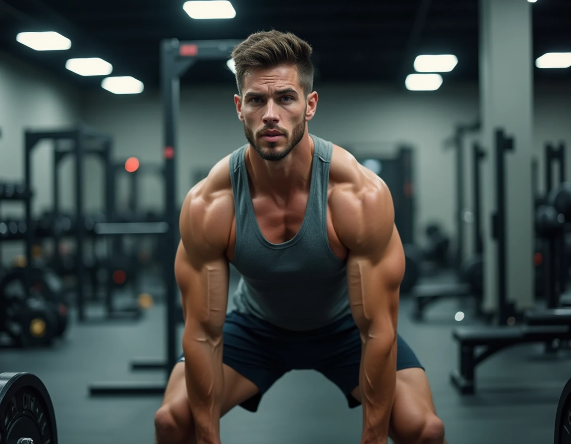 Homme musclé effectuant un squat avec haltère dans une salle de musculation pour un programme prise de masse