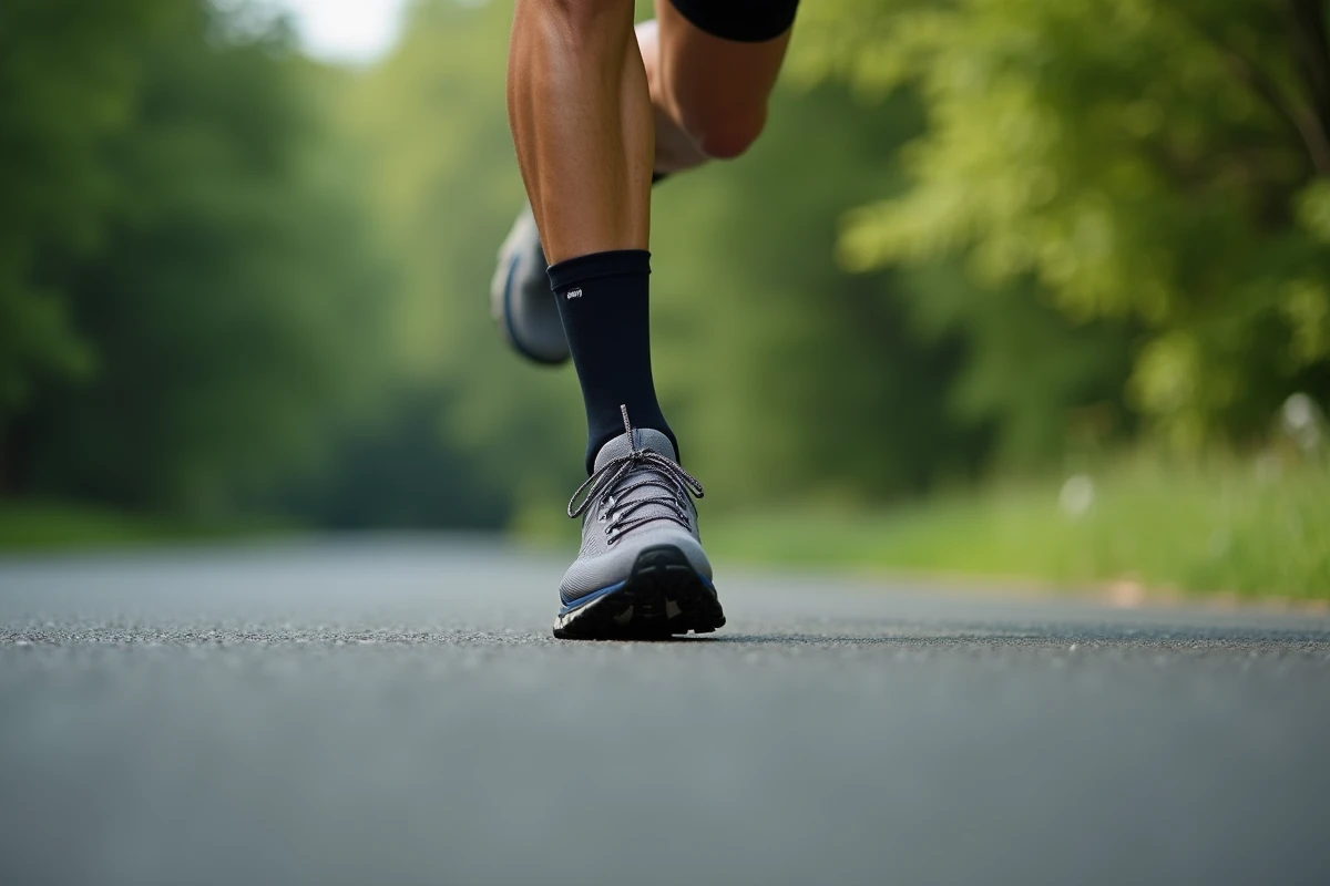 Coureur masculin en pronation lors d'une foulée sur piste, vue rapprochée du pied montrant le roulement interne de la cheville