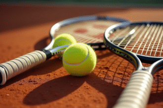 Raquettes de tennis et balles sur un court en terre battue