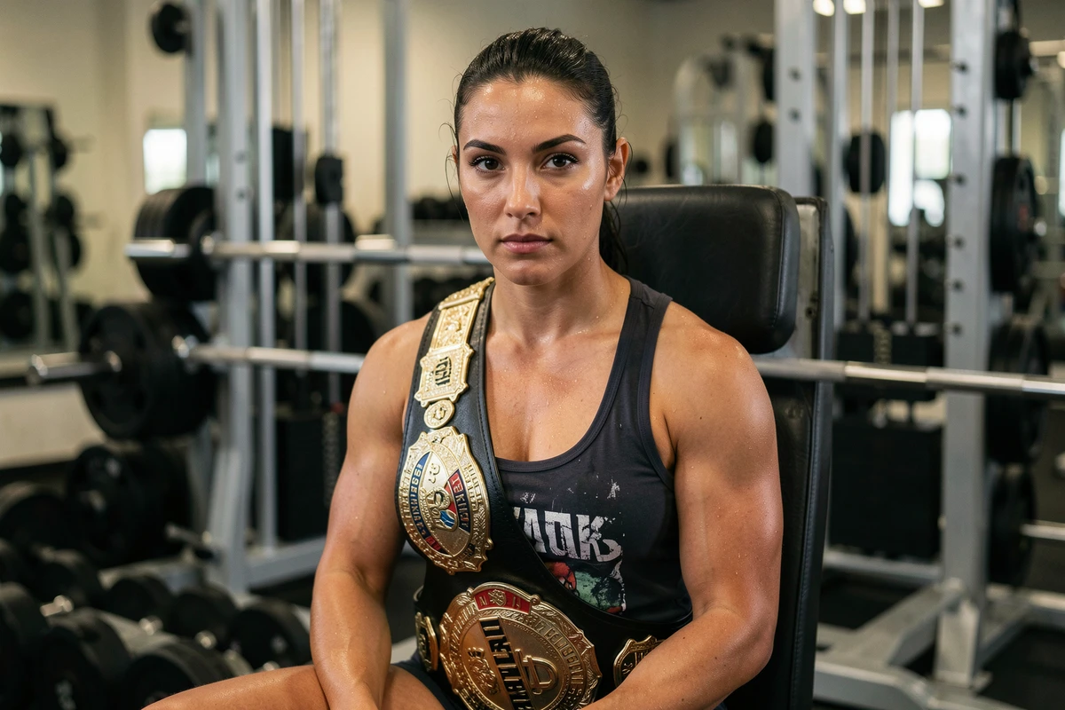Championne de catch posant avec sa ceinture dans une salle de musculation, symbole de son évolution sportive