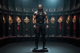 Roman Reigns sur une balance dans une salle WWE avec ceintures