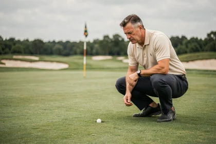 Golfeur accroupi sur le green lisant la pente avant son putt avec une routine concentrée et zen