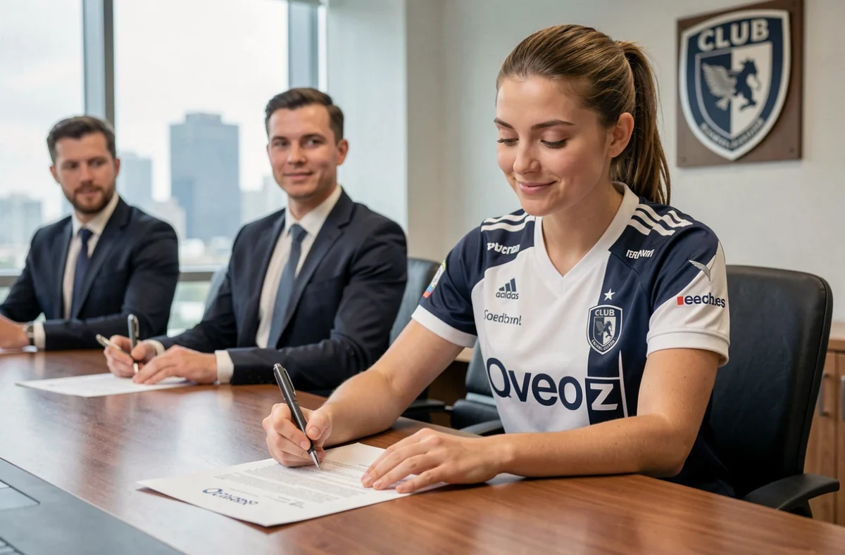 Joueuse de football féminin signant son contrat de transfert dans un bureau de club professionnel