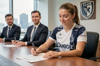Joueuse de football féminin signant son contrat de transfert dans un bureau de club professionnel