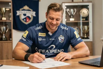 Joueur de rugby professionnel signant son contrat de transfert dans le bureau d'un club de National 2 en 2026