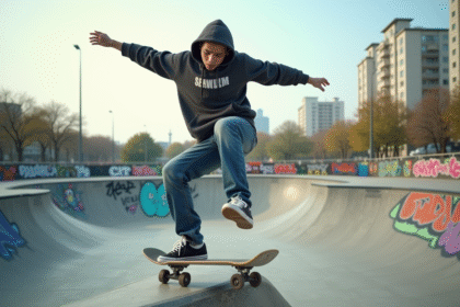 Jeune skateur en action sur une rampe en ville