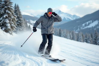 Jeune homme skieur souriant en descente en ski