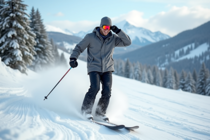 Jeune homme skieur souriant en descente en ski