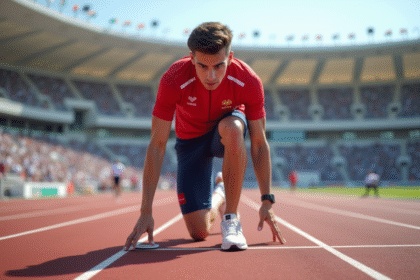 Jeune sprinteur concentré ajuste ses starting blocks sur la piste