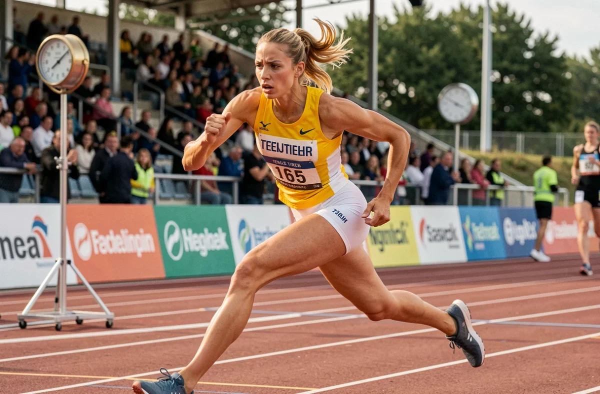 Sprinteuse franchissant la ligne d'arrivée en plein effort lors d'une course du 100m féminin avec anémomètre visible