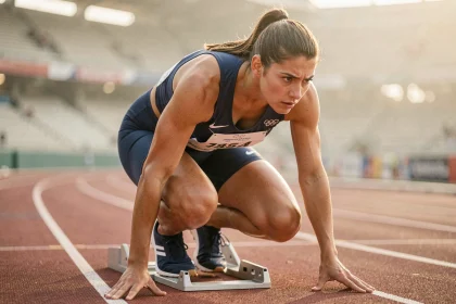 Sprinteuse en position de départ dans les starting-blocks sur une piste d'athlétisme rouge de stade olympique