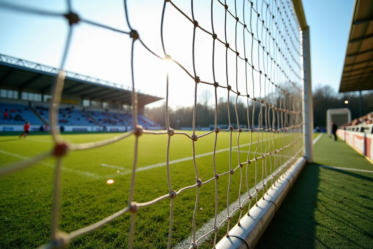 Vue panoramique d'un stade municipal de football en Essonne lors d'un match de championnat de district FFF, tribunes et pelouse authentiques