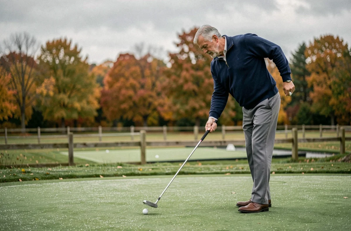 Golfeur senior en fin de geste de putt regardant le sol sur un green d'entraînement en plein air en automne