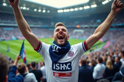 Supporter passionné d'Amiens SC dans les tribunes du stade, bras levés et écharpe aux couleurs du club