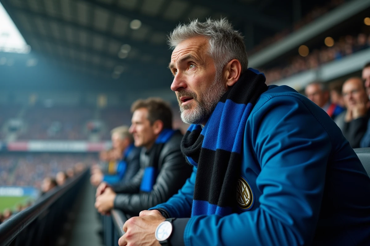 Supporter passionné de l'Inter Milan portant écharpe et maillot noir et bleu dans les tribunes d'un stade européen lors d'un match de Ligue des Champions