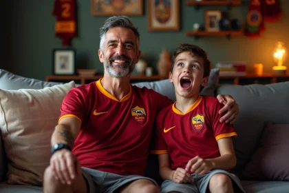 Homme et garçon en maillots AS Roma regardant un match