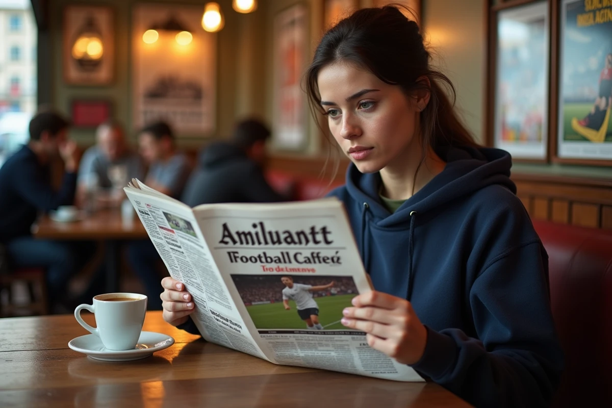 Jeune supportrice d'Amiens lisant la gazette sportive locale dans un café, tasse d'espresso sur la table