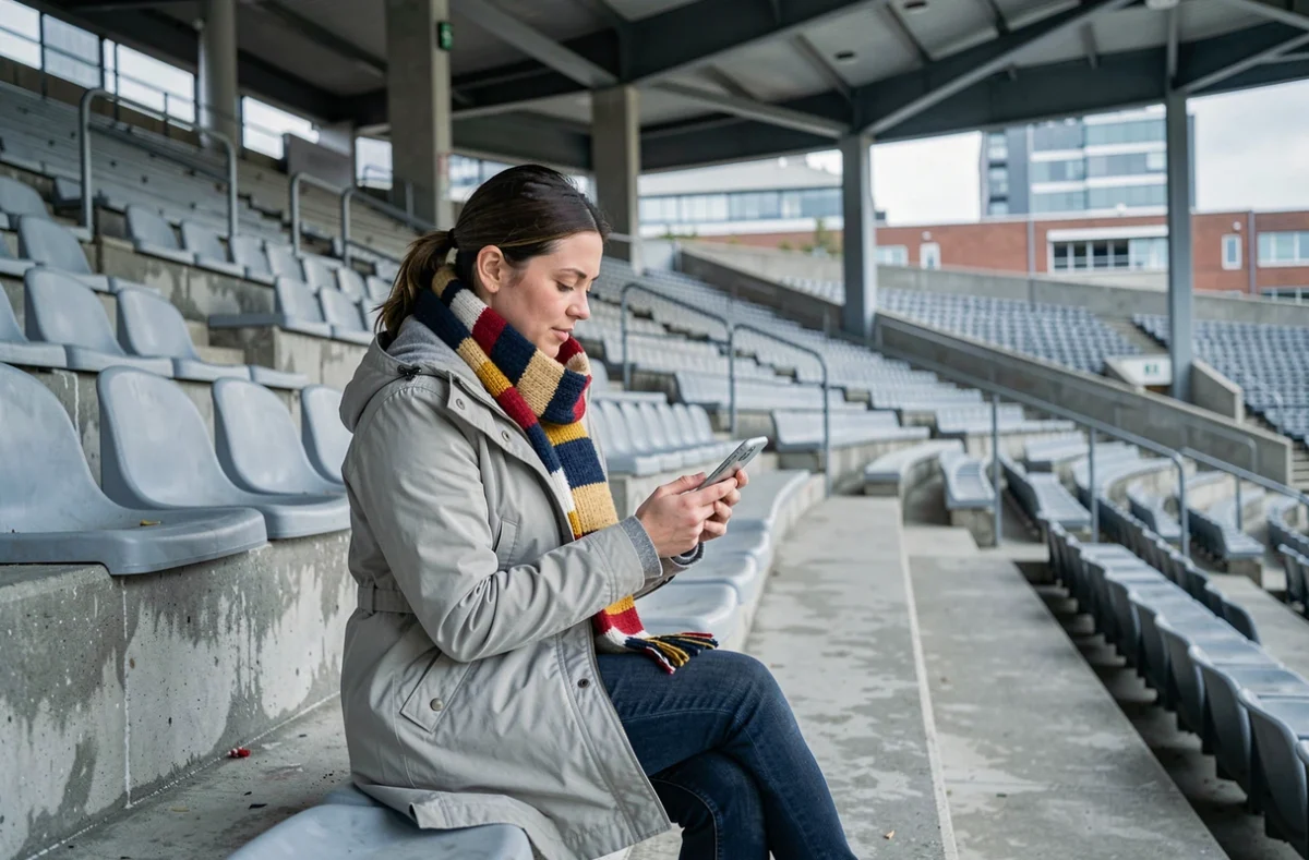 Supportrice consultant le calendrier de la H Cup 2026 sur son téléphone dans un stade de rugby