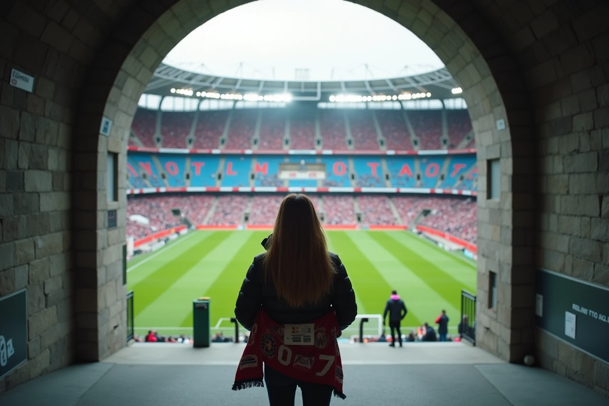 Une supportrice de la Juventus découvrant l'intérieur du stade en sortant d'un tunnel d'accès avec son billet et son écharpe à la main
