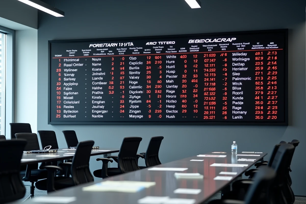 Tableau des classements officiels F1 avec pénalités affichées dans la salle de presse d'un Grand Prix 2026