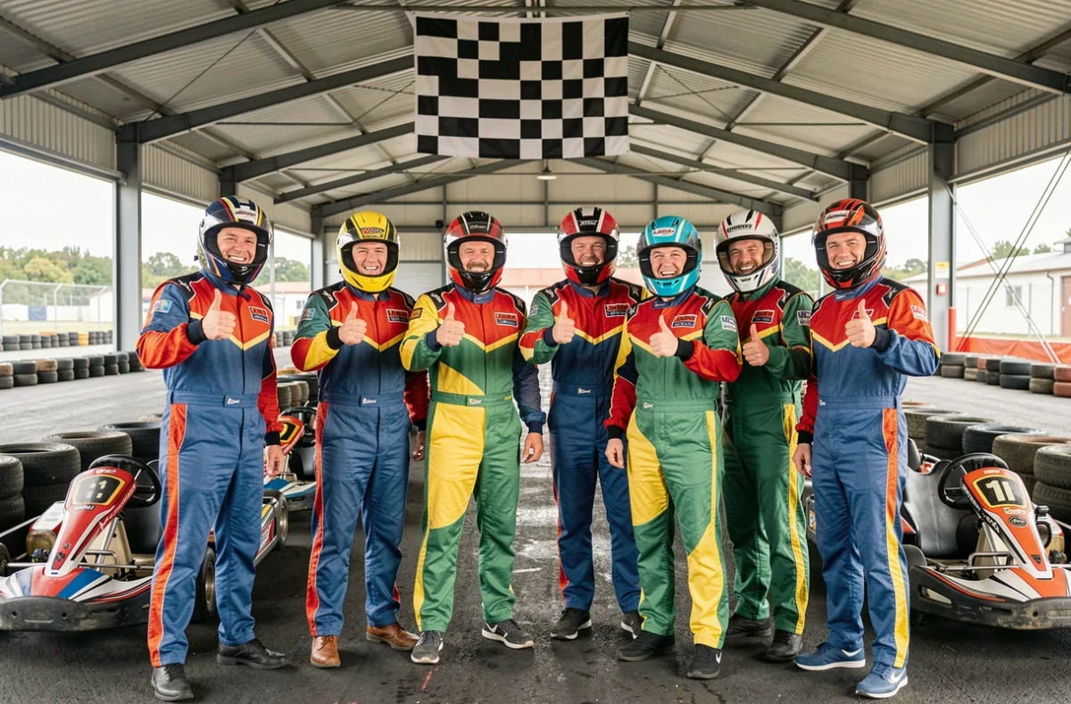 Groupe d'employés en combinaisons de karting posant ensemble dans le stand d'un circuit indoor lors d'un team building d'entreprise à Niort