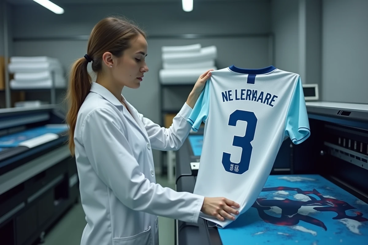 Technicienne d'impression tenant un maillot de football avec logo de club dans un atelier de sérigraphie industrielle