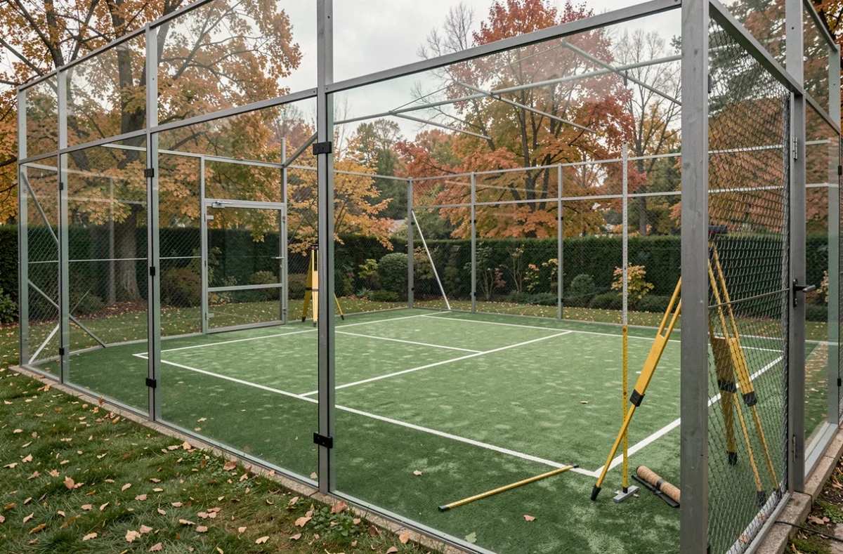 Terrain de padel privé entièrement construit dans un jardin résidentiel avec jalons de bornage visibles lors d'une inspection réglementaire