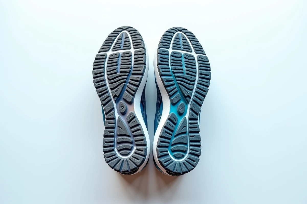 Vue de dessus de semelles de chaussures de course usées illustrant les différences entre pronation et supination à travers les zones d'usure asymétriques