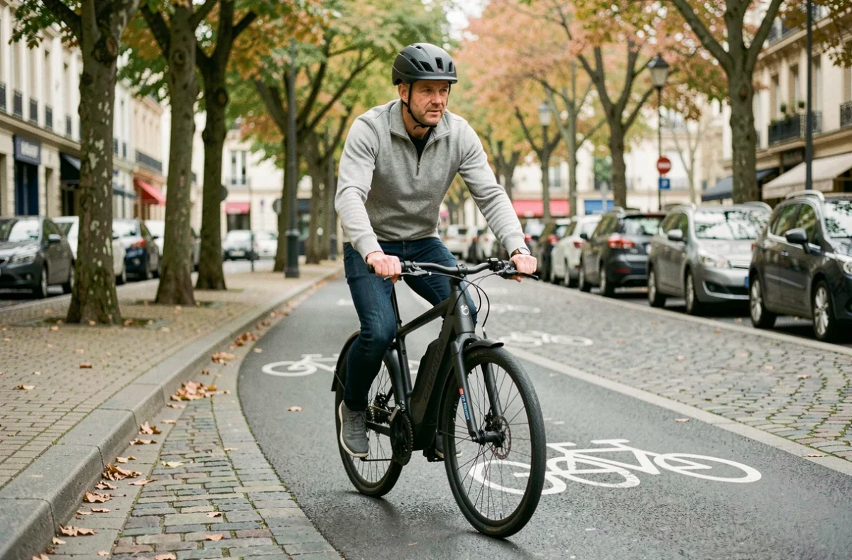 Homme en tenue urbaine chevauchant un vélo électrique Decathlon ELOPS 500 sur une piste cyclable en ville en automne