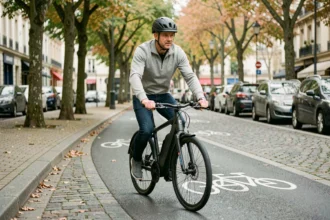 Homme en tenue urbaine chevauchant un vélo électrique Decathlon ELOPS 500 sur une piste cyclable en ville en automne