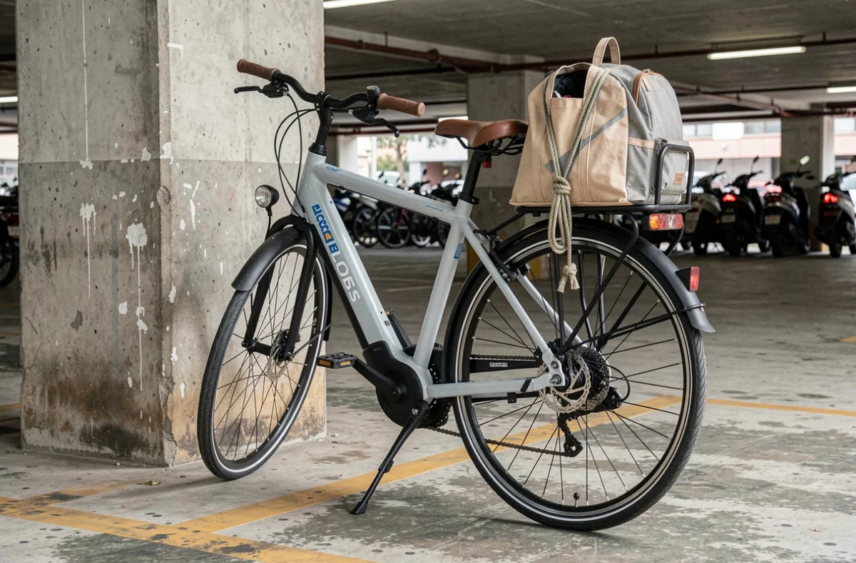 Vélo électrique Decathlon ELOPS 500 stationné dans un parking couvert avec accessoires de transport du quotidien