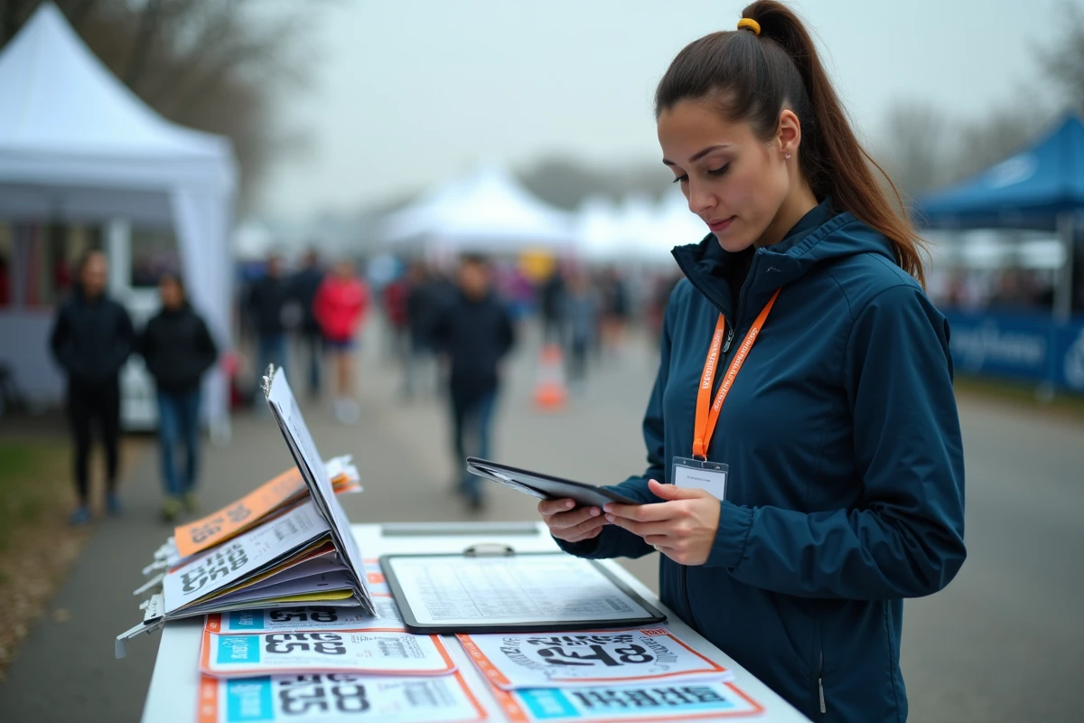 Bénévole vérifiant la liste des partants sur tablette et papier lors d'une épreuve sportive en extérieur