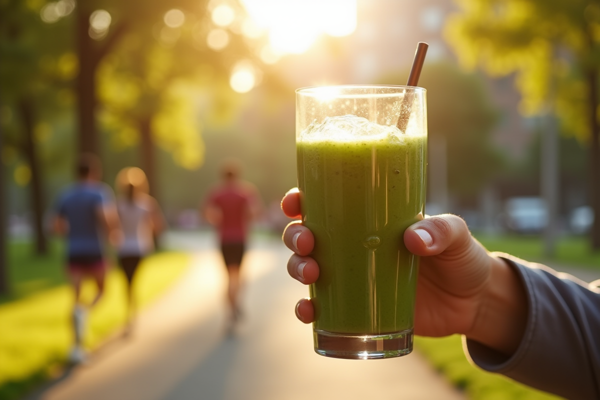 Mains tenant un smoothie vert dans un parc en matinée