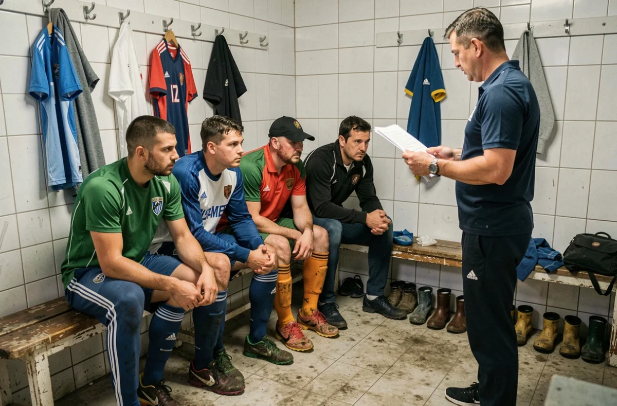 Joueurs d'un club de football amateur de Loire-Atlantique réunis dans le vestiaire après une décision disciplinaire